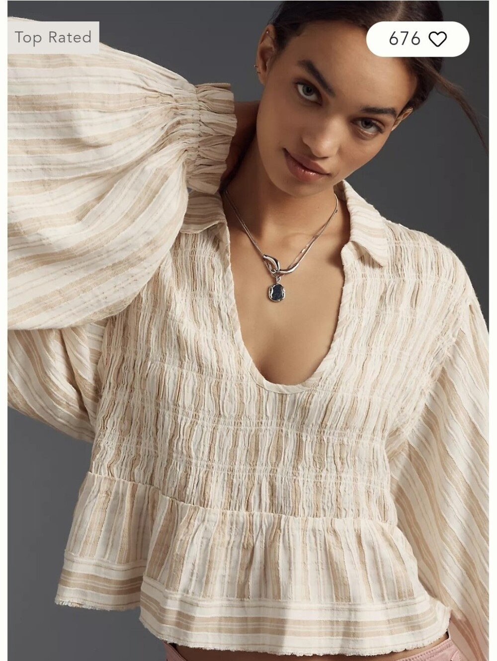 By Anthropologie Balloon-Sleeve Scoop-Neck Collared Blouse Size XL boho